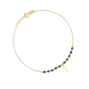 Pulsera de oro 14K con dije de cruz y bolitas negras