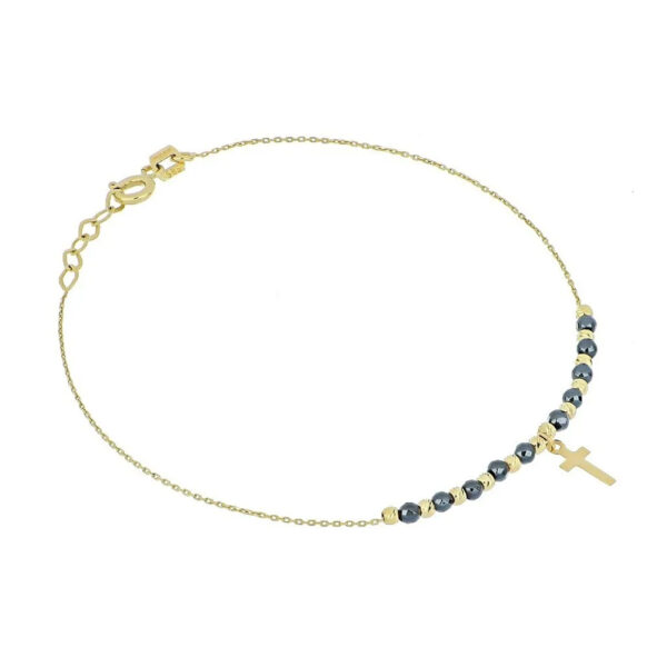 Pulsera de oro 14K con dije de cruz y bolitas negras - Image 2