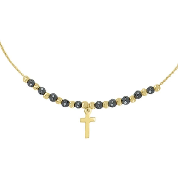 Pulsera de oro 14K con dije de cruz y bolitas negras - Image 3
