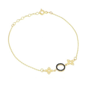 Pulsera flor y bolita con circonias doble vista en oro 14k.