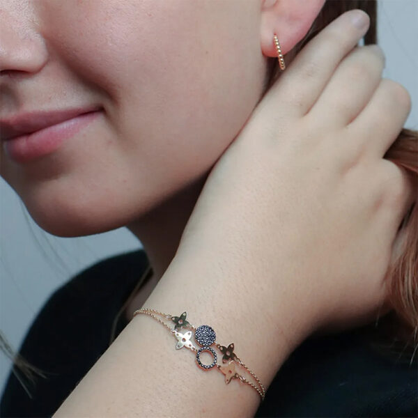 Pulsera flor y bolita con circonias doble vista en oro 14k. - Image 4